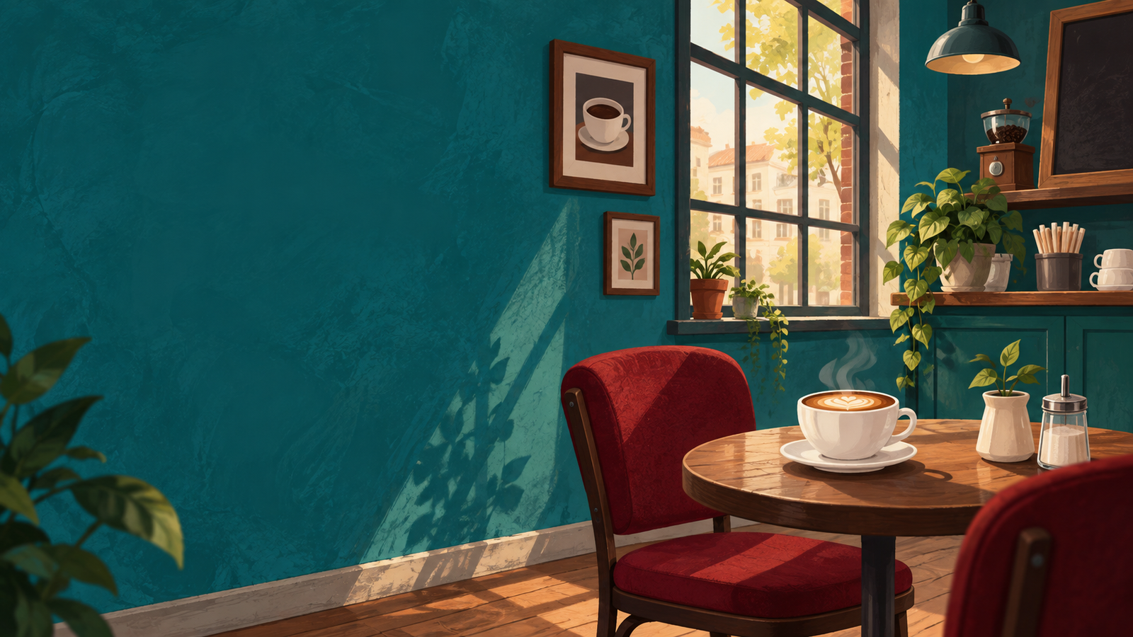 60 Second Coffee — cafeteria ilustrada em tons de teal e vinho