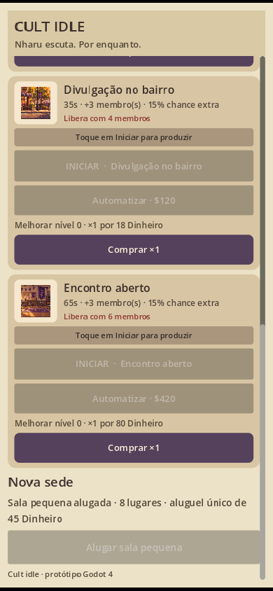 Tela de melhorias de Cult Idle