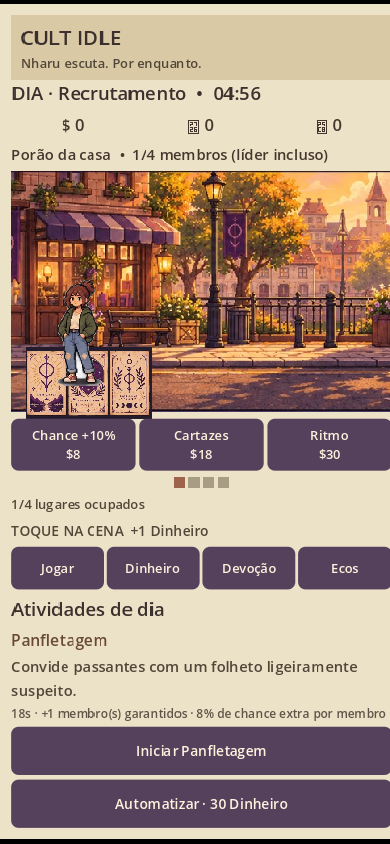 Cult Idle — santuário pixel-art em um ciclo de dia e noite
