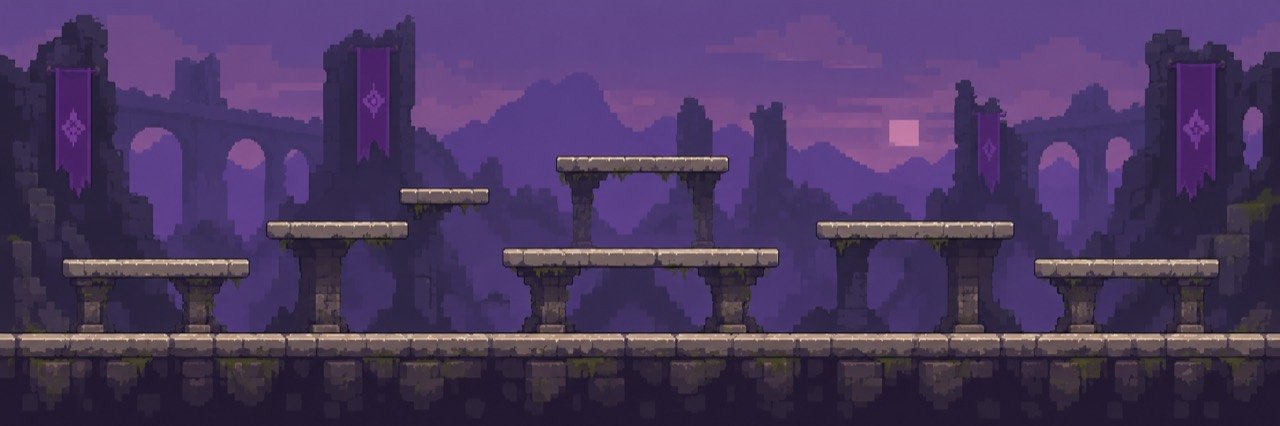 Arena de pedra em ruínas, sob um céu roxo, com plataformas para o duelo de magos